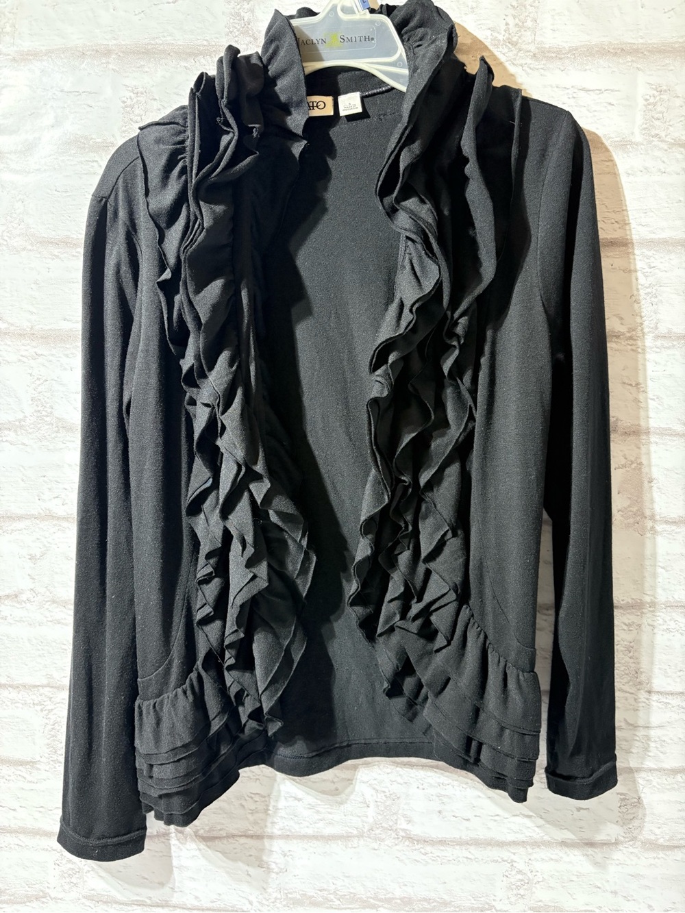 Cato Black Ruffled Open-Front Cardigan Sweater